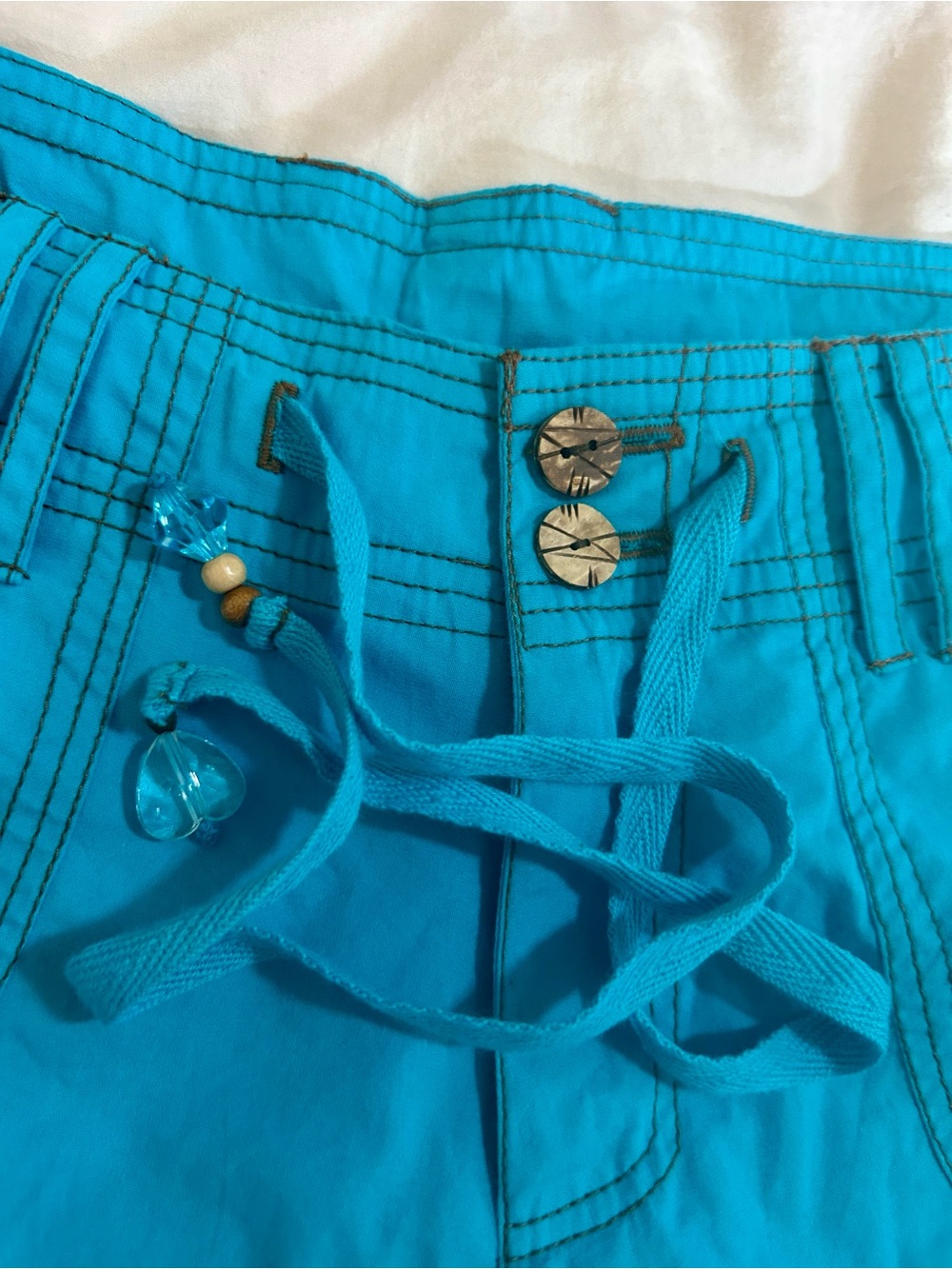 Santiki Turquoise Blue Cotton Contrast Stitch Utility Cargo Casual Shorts Small